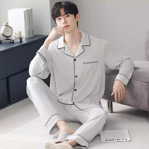 Conjunto de pijama de algodão modal manga comprida masculino, pijamas finos, adolescentes, outwear primavera, pano doméstico, terno masculino, outono, primavera