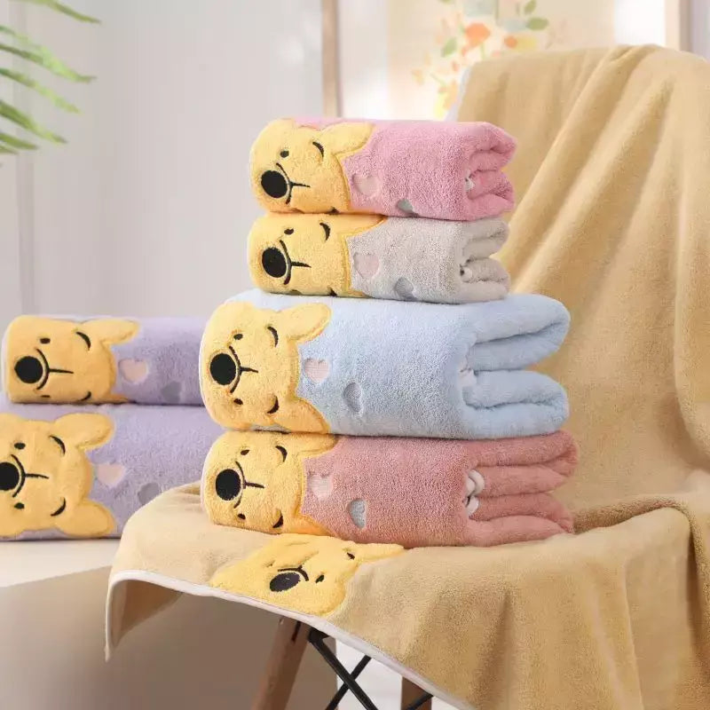 Winnie Bear Bath Towel Set para Crianças, Macio e Absorvente, Coral Velvet, Home Wash, Desenhos animados