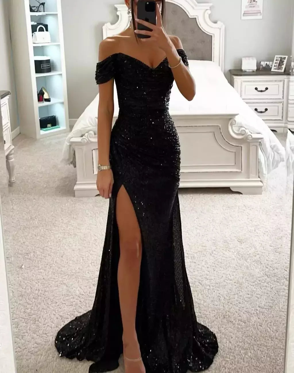 Vestido Dividido de Pescoço Uma Linha Feminino, Lantejoulas, Dividido, Versátil, Elegante, Charme, Emagrecedor, Festa, INS, Emagrecimento, S-XL Size, Novo