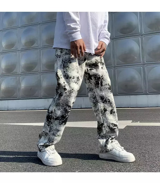 Calça jeans de perna larga larga estilo coreano masculina, calça esfregando, rua alta, hip hop, estampada, moda primavera, 2021