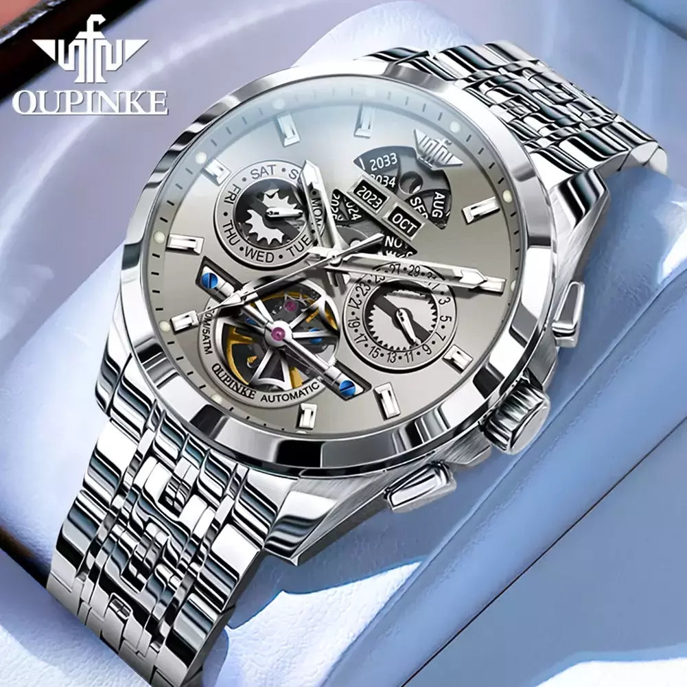 OUPINKE-Relógio mecânico totalmente automático masculino, relógio de pulso luminoso, calendário ano mês safira, marca de luxo superior