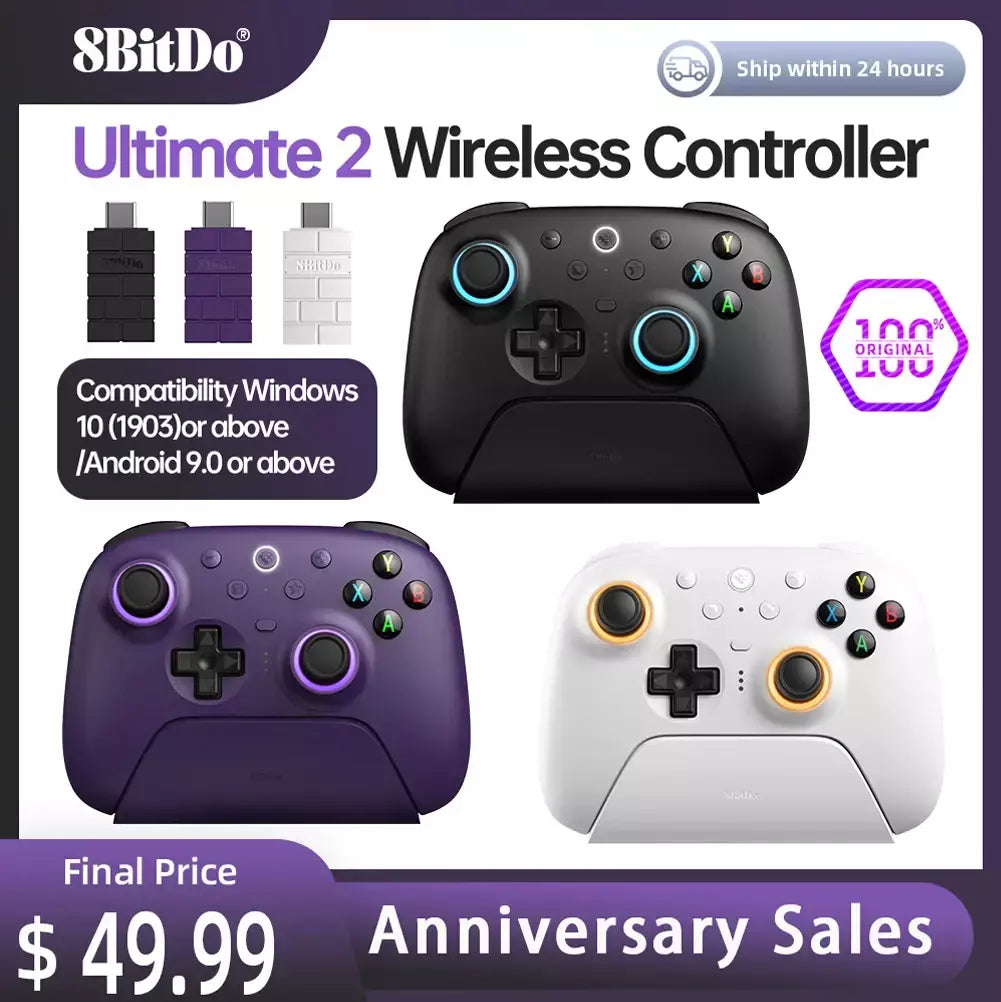 Controlador de jogos sem fio 8BitDo Ultimate 2 para PC e Android com joysticks TMR, gatilhos comutáveis, controle de movimento, 8 velocidades