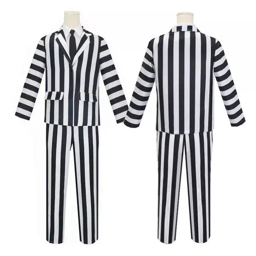 Filme suco cosplay traje preto e branco listra jaqueta camisa calça conjunto masculino adulto roupa de halloween