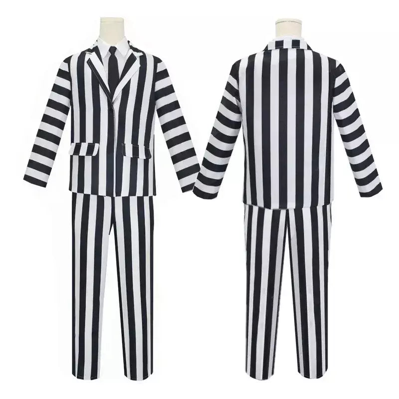 Filme suco cosplay traje preto e branco listra jaqueta camisa calça conjunto masculino adulto roupa de halloween