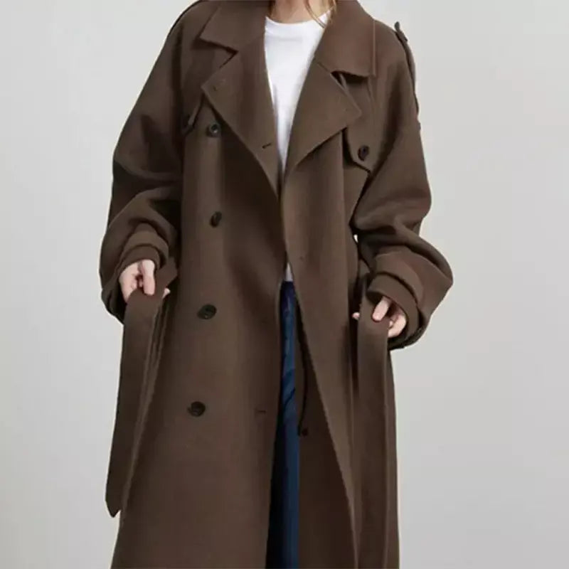 Trench coat maxi oversized feminino com lapela entalhada com cinto duplo breasted vintage streetwear 2025 tendência casual casacos diários