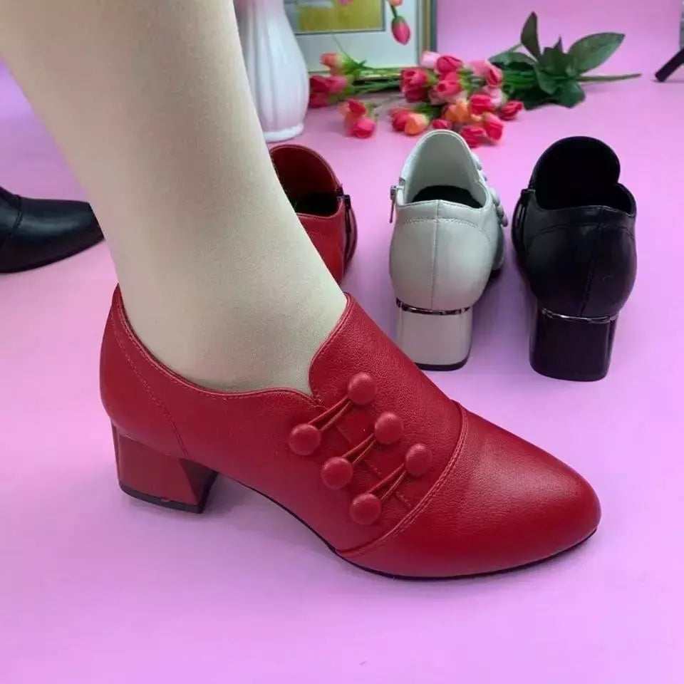 Saltos altos de couro macio para mulheres, Sapatos de salto alto baixo Breasted, Sapatos de vestido de dedo apontado, Sapatos Retro, Novo, Outono