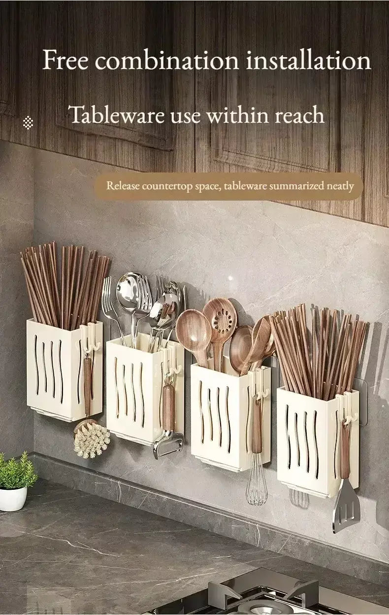 1-Piece Kitchen Utensil Rack-Multifunctional Draining Chopstick Holder,Wall-Mounted or Freestanding Cutlery Storage Box, Plastic