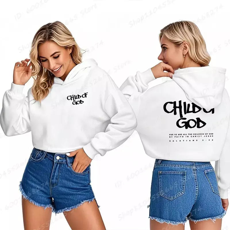 Eu sou um deus criança carta impressão recortada hoodies para mulheres cristão orar o senhor moletom manga longa pullovers curto topos