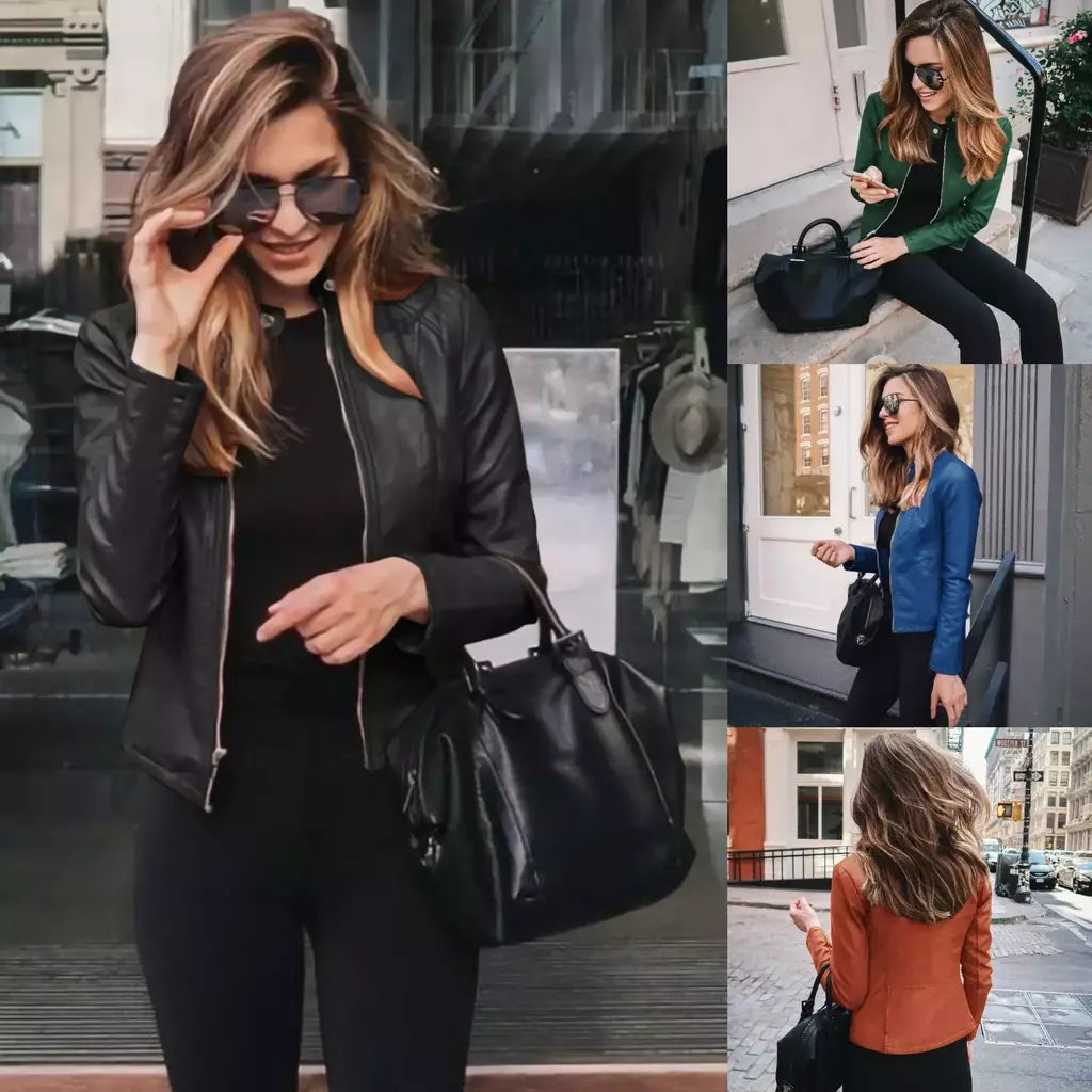 Jaqueta de couro PU feminina com zíper, casaco manga comprida, jaquetas de motociclista, slim fit, monocromática, streetwear casual, moda feminina, outono, Y2K