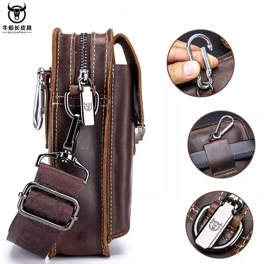 BULLCAPTAIN-Pacotes de Cintura de Couro Genuíno para Homens, Cinto Casual, Bolsa de Telefone Móvel 100% Couro Pequena Bolsa de Ombro