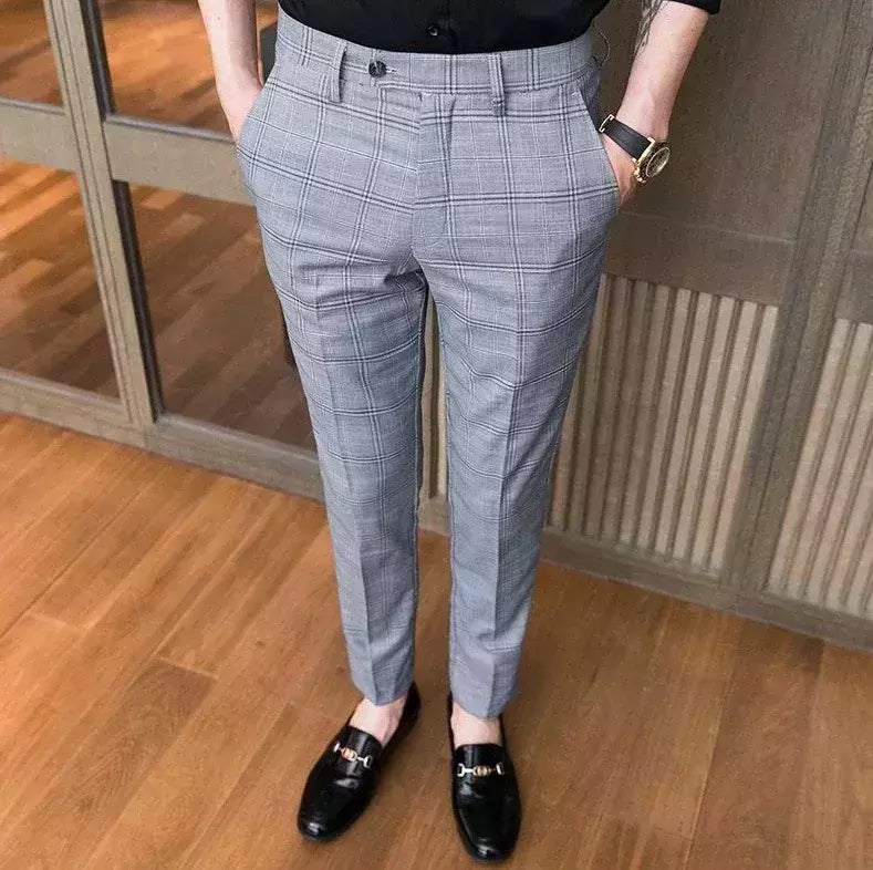 Xadrez masculino anti-rugas calças cortadas, roupas de grife casual, terno masculino reto, verão, fino, barato, designer, cheque, 9
