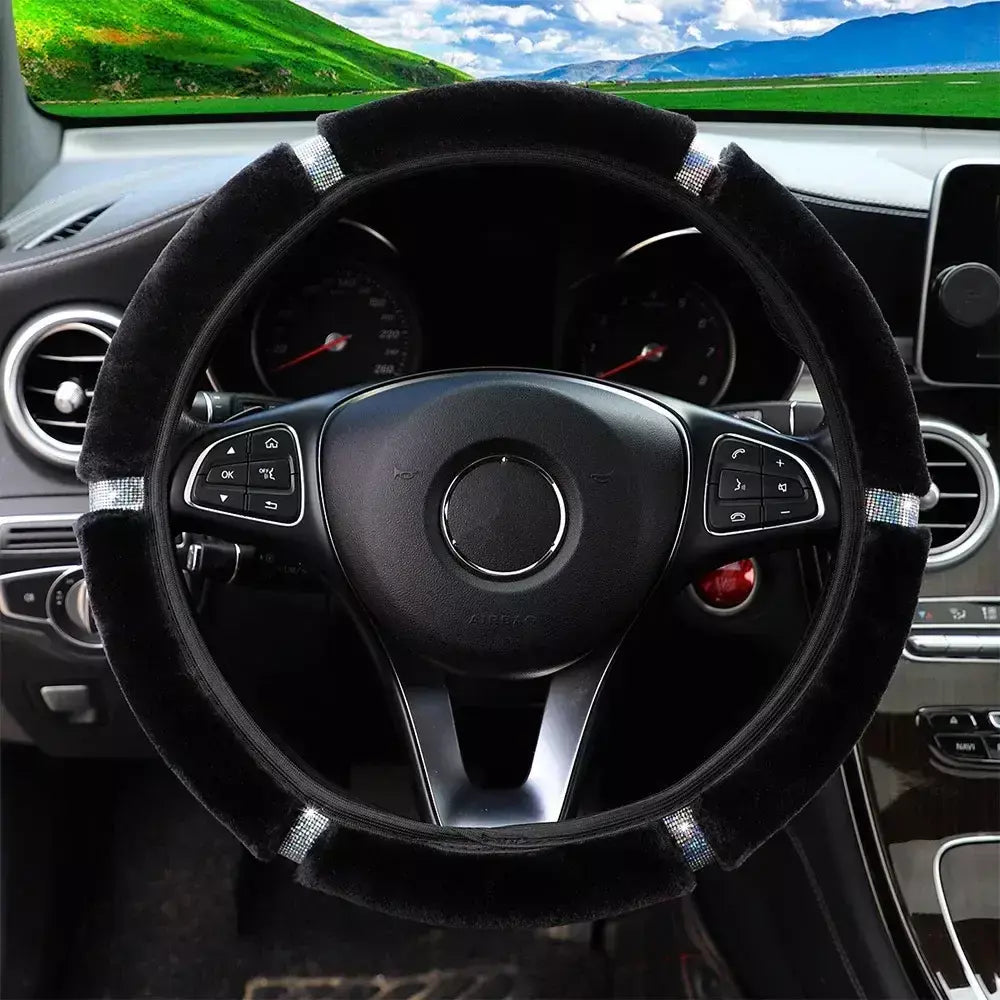 Capa de volante de carro de pelúcia macia strass acessórios interiores de inverno 37-38cm capa de direção estilo de carro para mulher