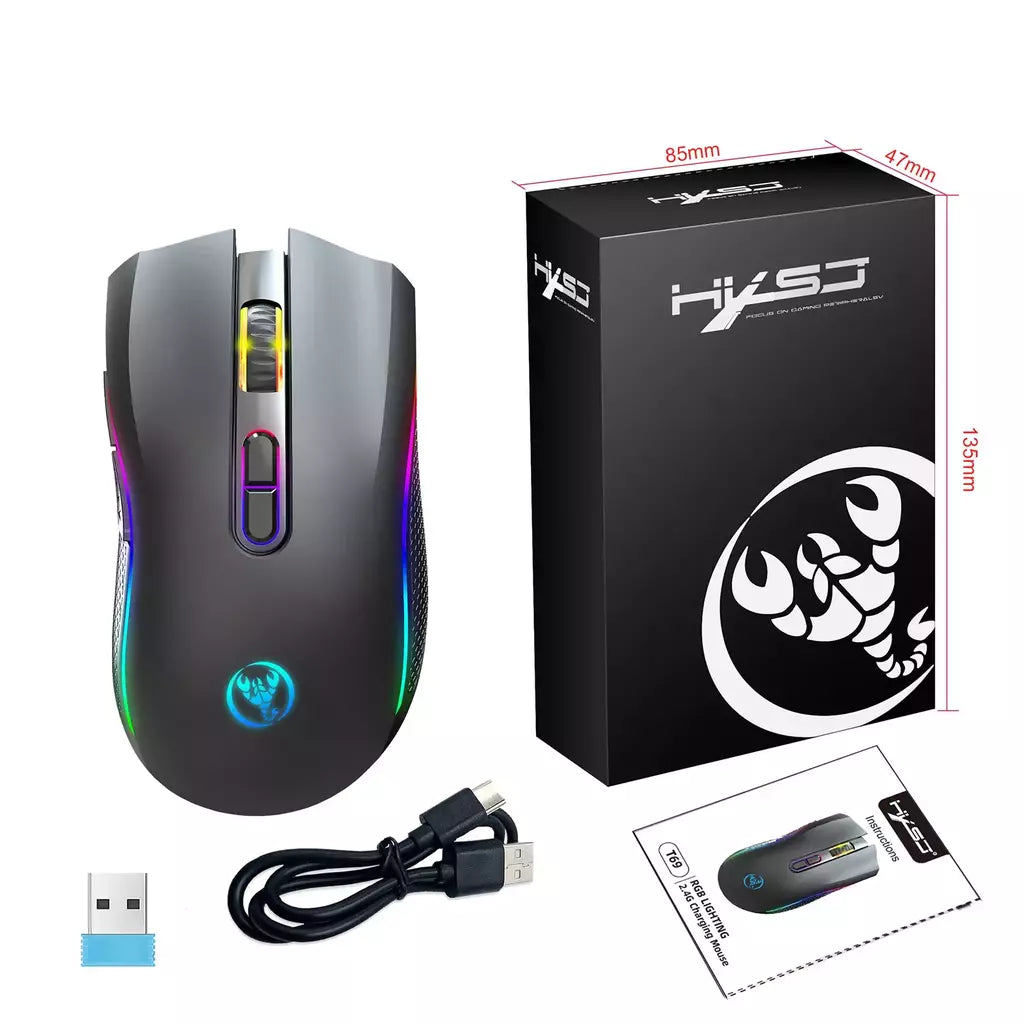 HXSJ-T69 Mouse mecânico sem fio para jogos, 2.4G, RGB, ergonômico, 7 botões programáveis, 4800DPI, Office Gamer