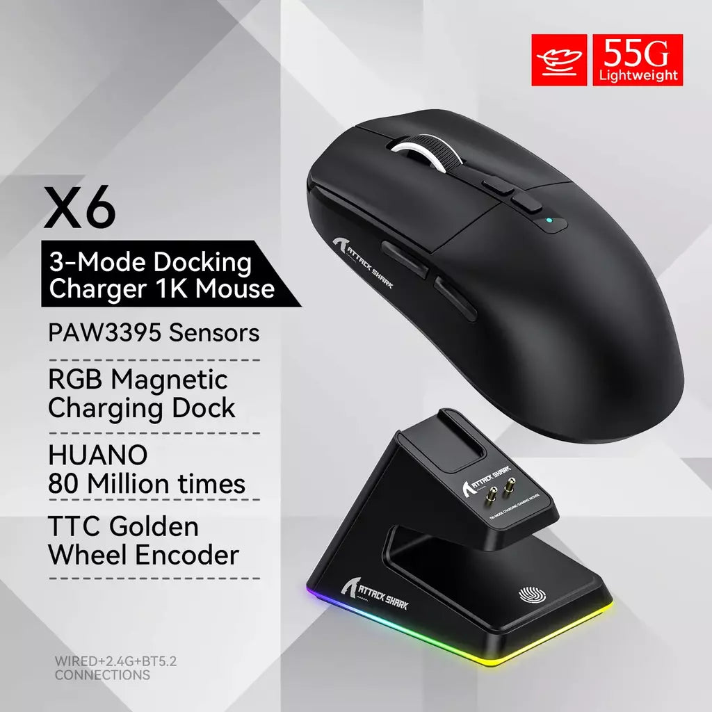 Mouse sem fio Attack Shark X6 PAW3395, conexão tri-mode Bluetooth, base de carregamento magnético RGB Touch, mouse macro para jogos