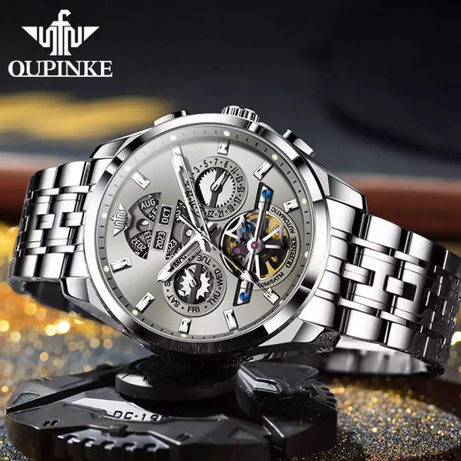 OUPINKE-Relógio mecânico totalmente automático masculino, relógio de pulso luminoso, calendário ano mês safira, marca de luxo superior