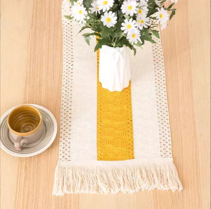 Algodão e linho Splicing Table Flag para casa, toalha de mesa tecida Tassel, Material Natural, Decoração Pastoral, 2 cores