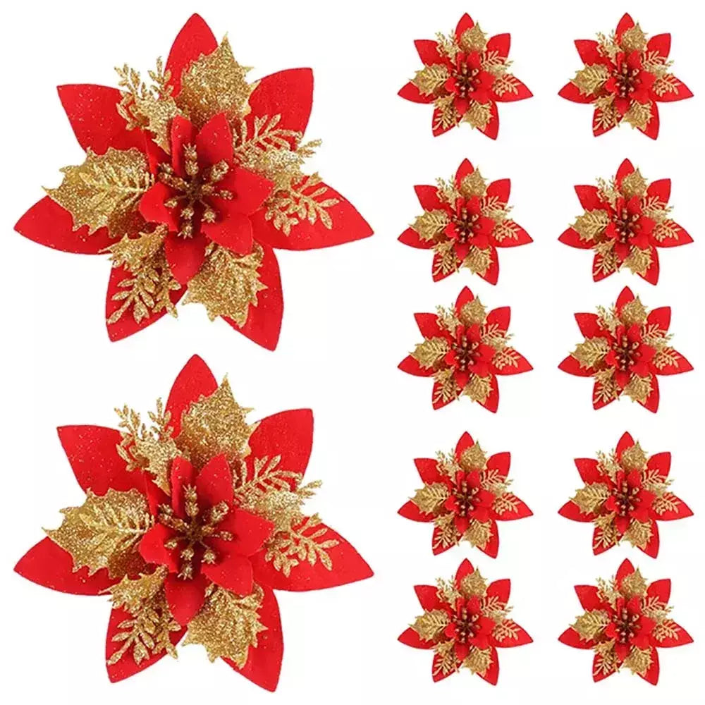 Flores artificiais com glitter para árvore de Natal, enfeites de Natal, rosa, vermelho, dourado, decoração de Natal para casa, 14,5 cm