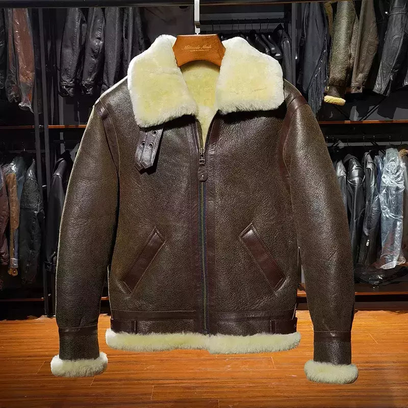 Jaqueta de couro genuíno masculina, casaco de pele marrom, pele de carneiro real, casual quente, shearling barato, moda masculina de alta qualidade, inverno