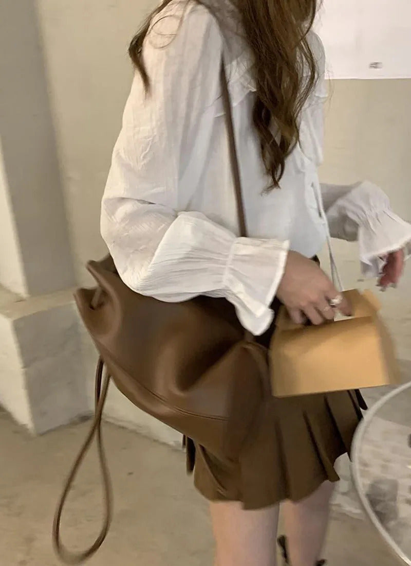 Xpqbb-Blusa de chiffon com decote em V para mulheres, camisas soltas com renda, manga comprida, babados, streetwear feminino, roupas coreanas, primavera e outono, 2024