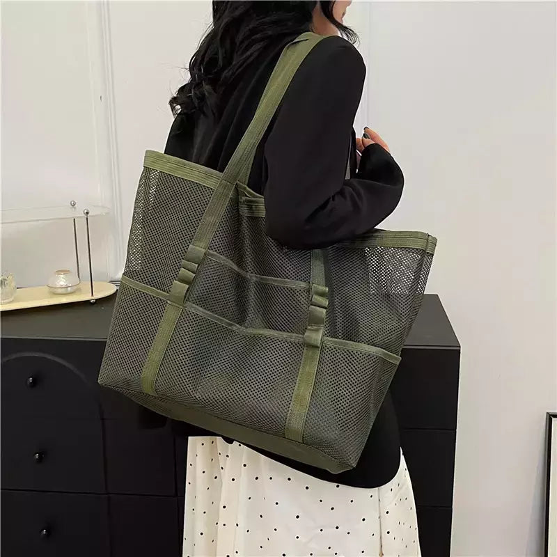 Bolsa de praia de malha portátil para mulheres, maquiagem, bolsa de lavagem, organizador de banho, Shopper Totes, verão