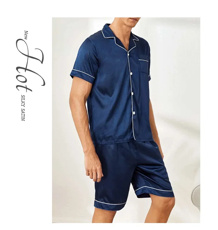 Pijama de cardigã de seda gelada masculino de manga curta, cardigã simples, roupa doméstica pura colorida, tamanho grande, pijamas de duas peças, senior sense