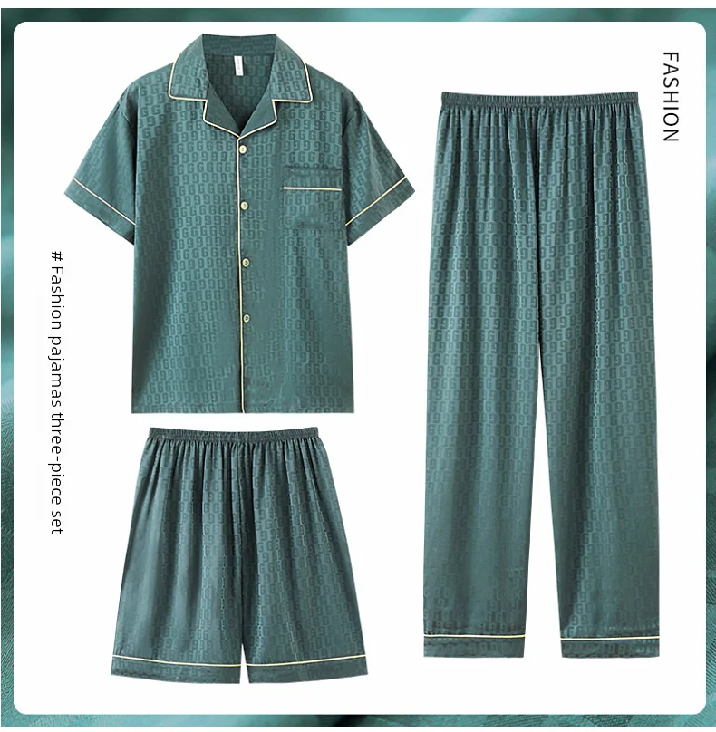 Pijama Jacquard de seda gelada masculino, manga curta, outwear casual, simulação adolescente, roupa de casa, verão, conjunto de 3 peças