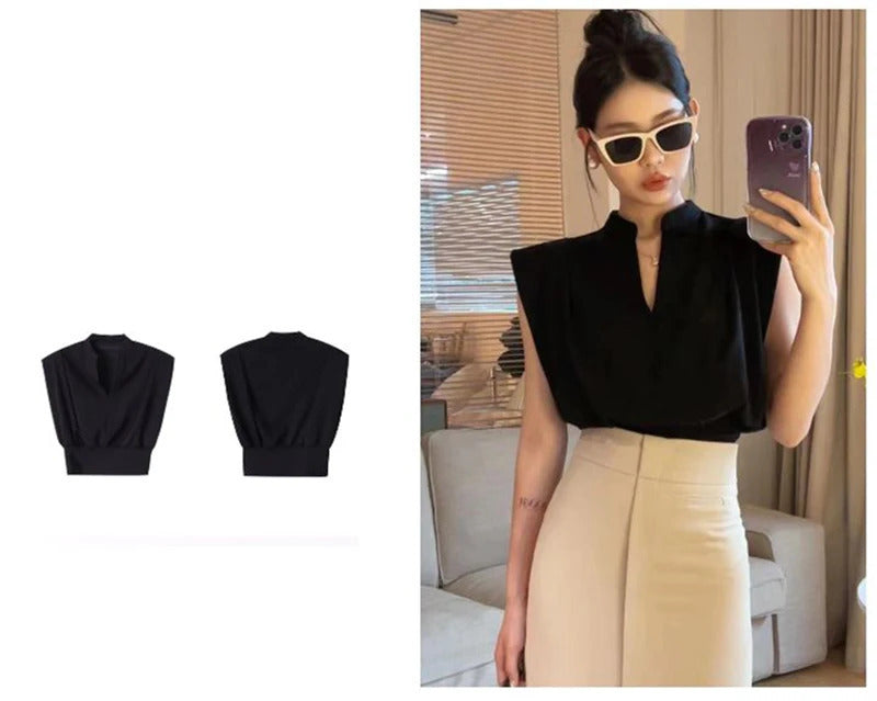 MEXZT-Blusas elegantes sem mangas com decote em v para mulheres, senhora do escritório, casual preto coreano, todos os jogos chiques, verão, branco, novo