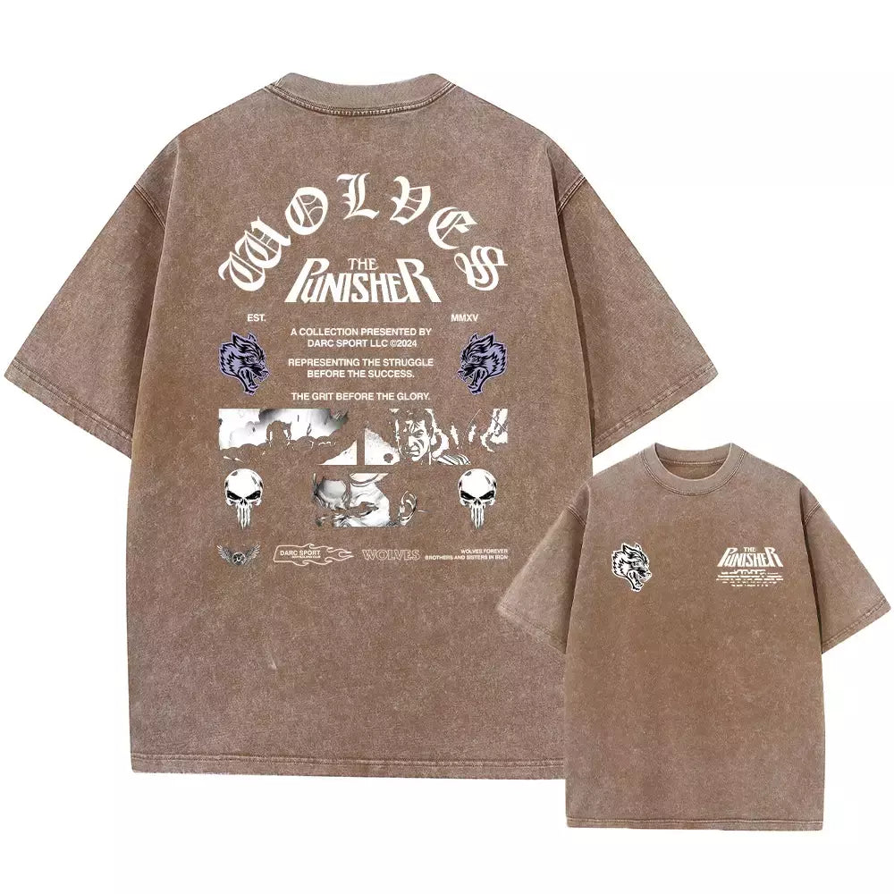 Lobos escuros Vintage lavados camisetas para homens, musculação em ginástica, roupas masculinas extragrandes, fitness no verão, treino