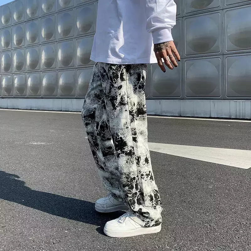 Calça jeans de perna larga larga estilo coreano masculina, calça esfregando, rua alta, hip hop, estampada, moda primavera, 2021