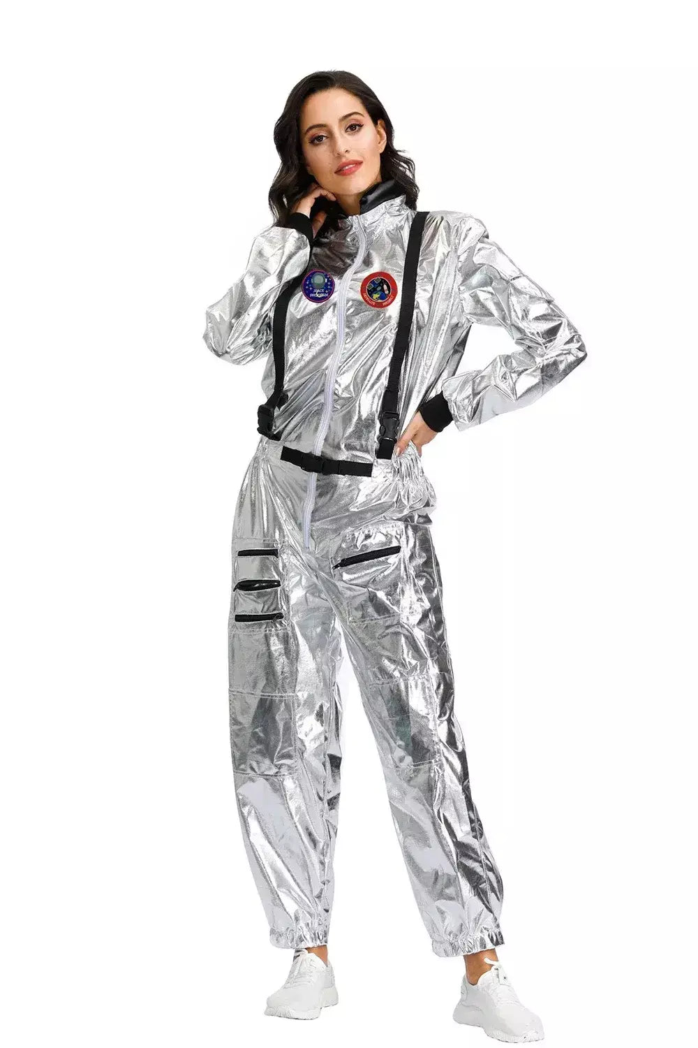 Adulto prata astronauta traje das mulheres dos homens spaceman terno espaço macacão halloween cosplay festa vestir-se