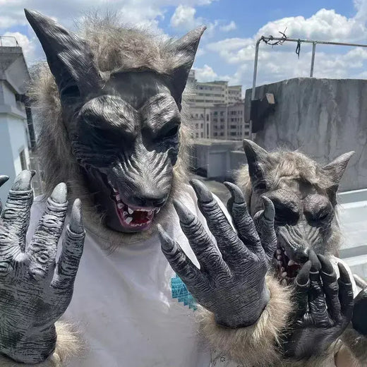 Halloween assustador lobo cosplay máscara de lobo lobisomem garras conjunto luvas terror diabo fantasia cocar desempenho adereços festa vestir-se