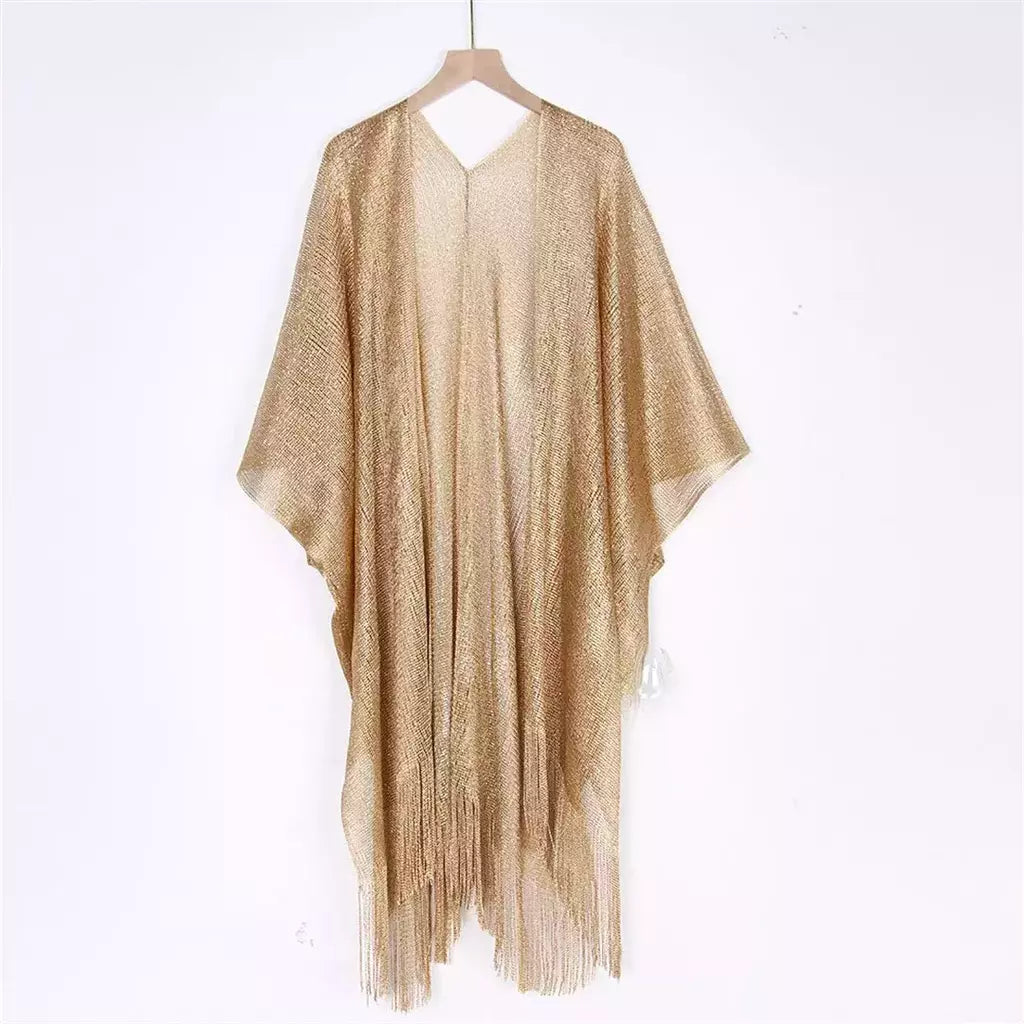 Moda borla ouro bikini cobrir sexy vestido de praia túnicas para mulheres beachwear verão cover-ups kaftan vestido de noite xales