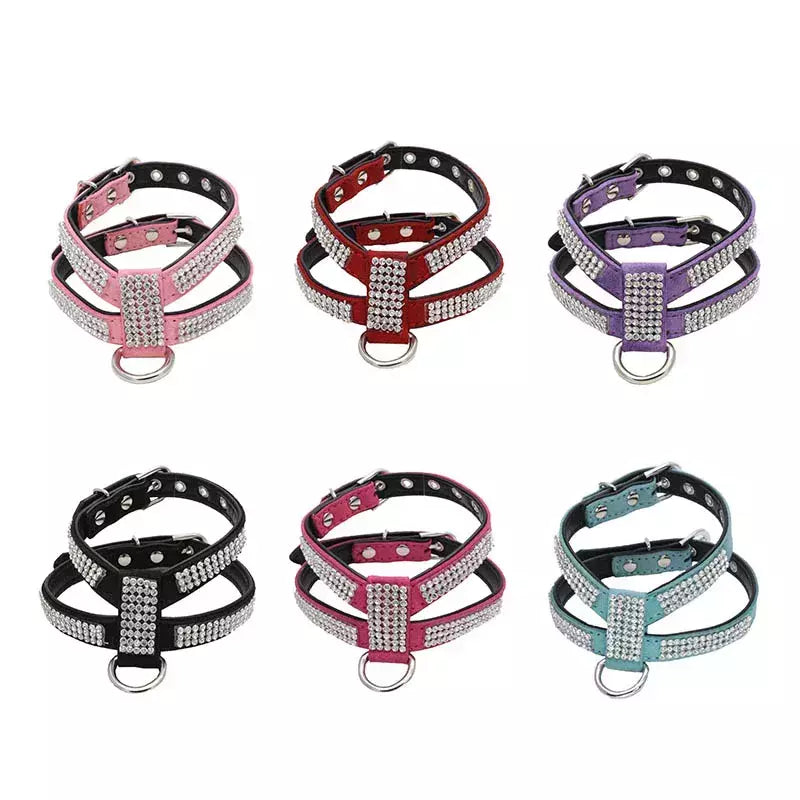 Coleira para cães, cinta peitoral ajustável, produtos para animais de estimação, coleira para cães, liberação rápida, brilhante, em forma de k, strass, couro pu