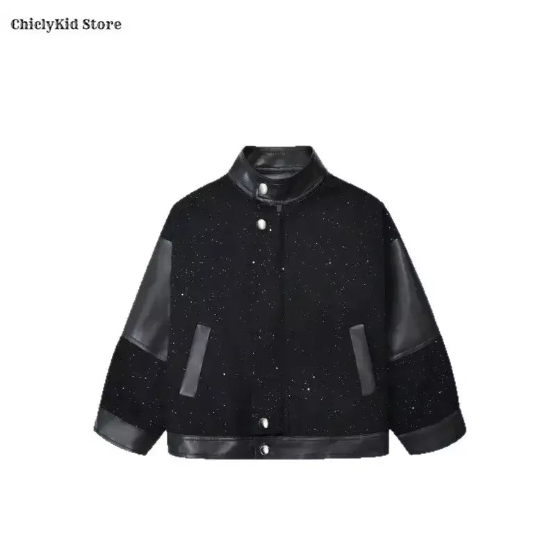 Crianças moda brilhante zíperes jaqueta de couro da motocicleta meninos casaco do plutônio meninas outerwear criança primavera outono roupas trajes festa