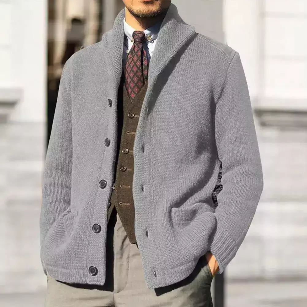 Homens casaco de malha lapela manga comprida bolsos engrossados cardigan camisola masculina outono botões sólidos placket casaco de malha para o trabalho