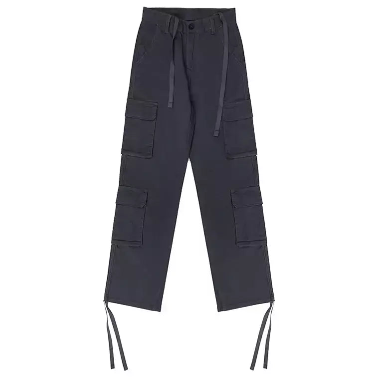 Calça jeans larga de cintura alta feminina, calça cargo cinza, calça larga, moda casual, bolsos múltiplos, estilo de rua Hip Hop, mãe, vintage, verão