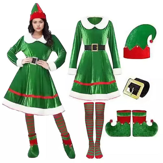 Traje de papai noel vestido de elfo de natal roupa feminina veludo festa cosplay vestidos verdes com chapéu meias cinto e sapatos terno