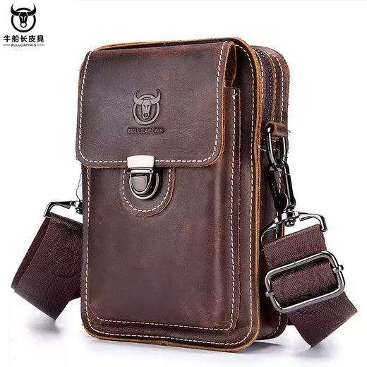 BULLCAPTAIN-Pacotes de Cintura de Couro Genuíno para Homens, Cinto Casual, Bolsa de Telefone Móvel 100% Couro Pequena Bolsa de Ombro