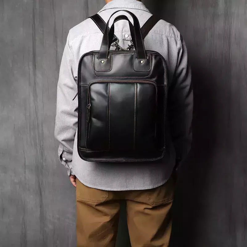 Maleta de couro retrô para homens, couro natural, bolsa vertical, bolsa de ombro casual, mochila masculina, adequada para laptop de 15 ", NZPJ