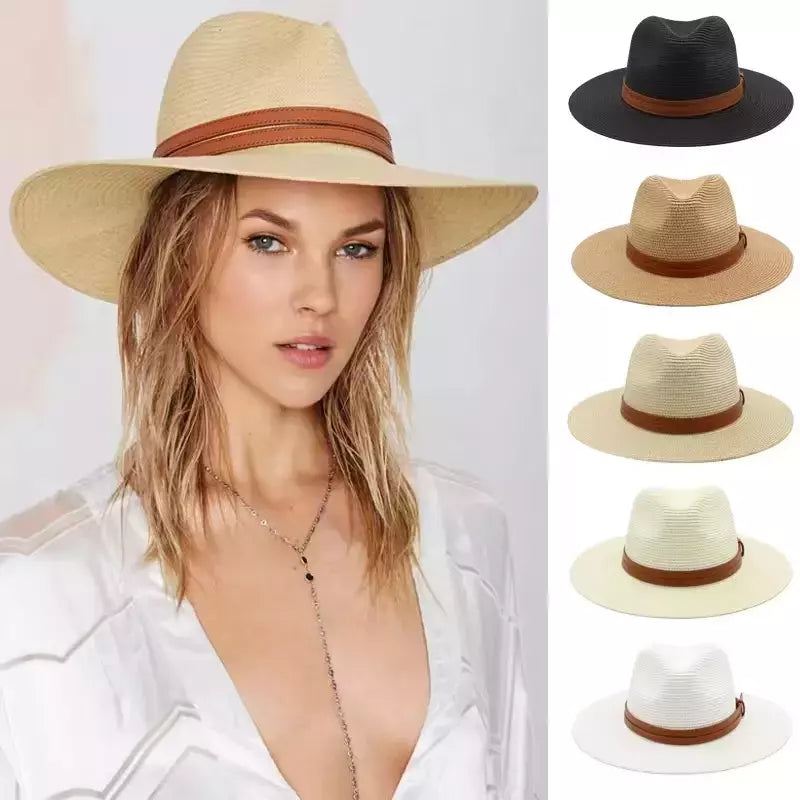 Chapéu Panamá de palha natural de aba larga para homens e mulheres, proteção UV, Fedora, chapéu de sol, verão de praia, atacado, tamanho grande, 56-58, 59-60cm, novo