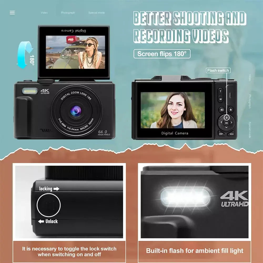 Câmera digital 4K para fotografia e câmera com zoom digital 18X Câmera compacta de vlogging de 64 MP 3 '' 180 ° Tela dobrável com flash