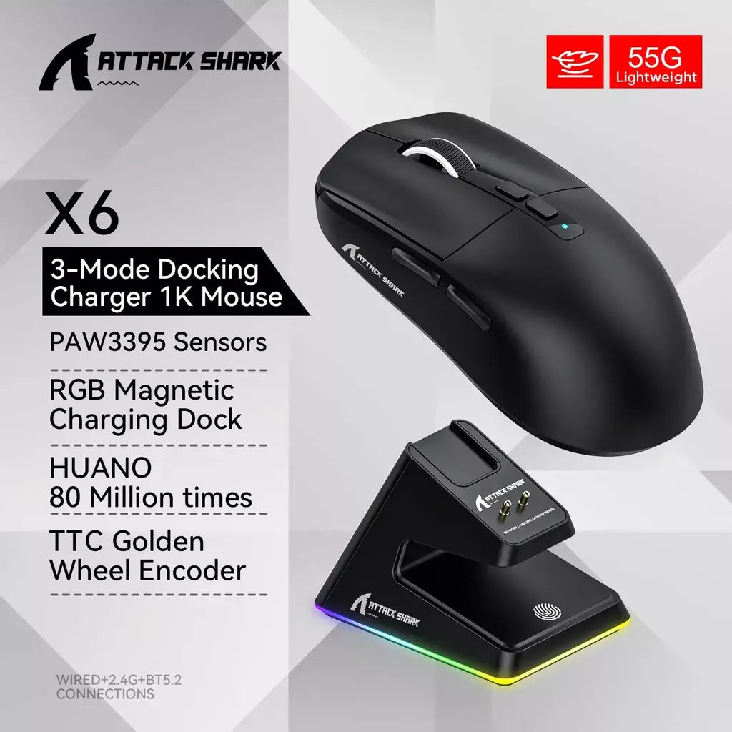Attack Shark X11/X6/X3/R1 RGB Mouse Gamer Sem Fio, Conectividade Tri-Mode Bluetooth, Leve e Ergonômico para VALORANT e FPS