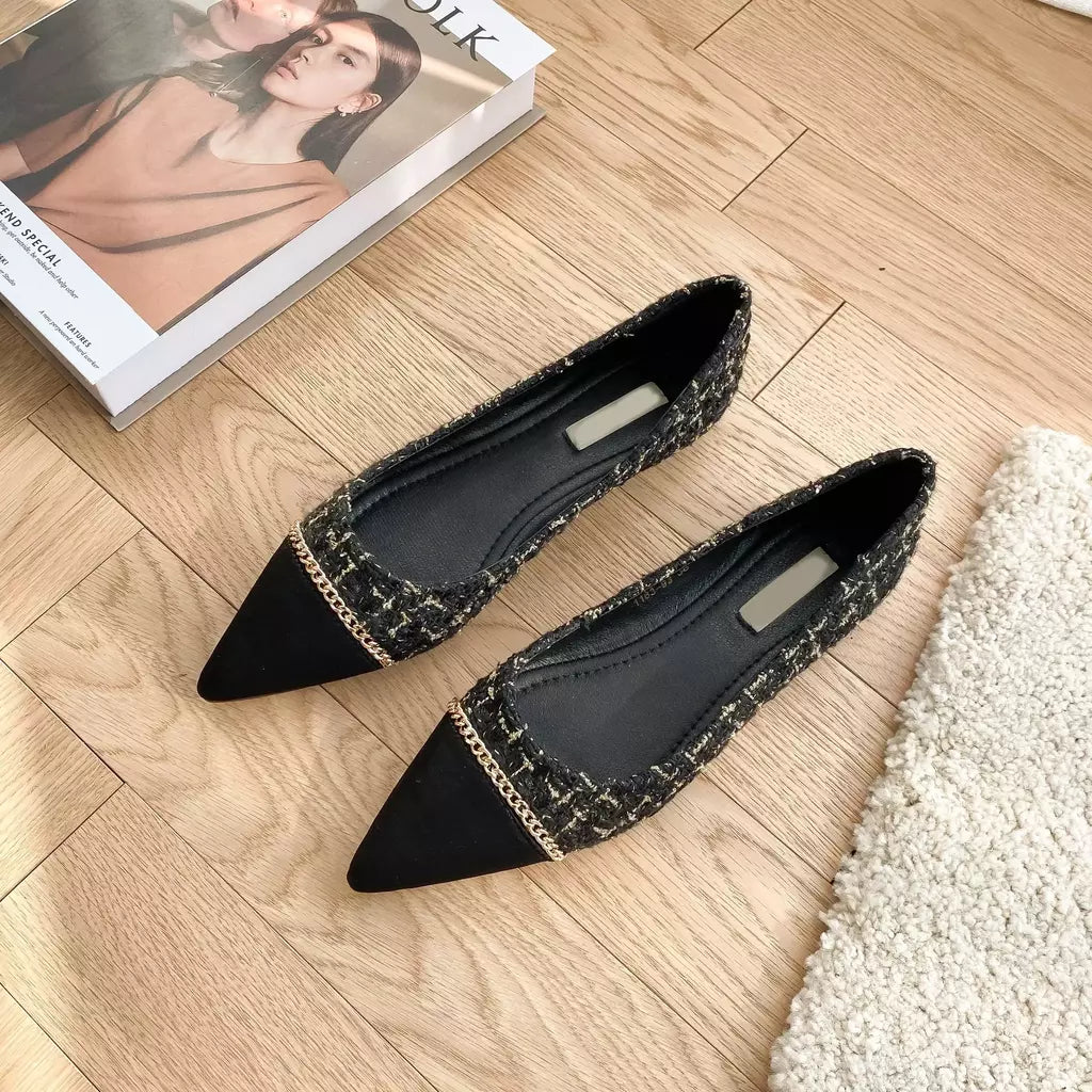 Sapato feminino de salto baixo, sapato único, boca rasa, sapatilha de salto alto, decoração de metal, novo, primavera e outono, 2024