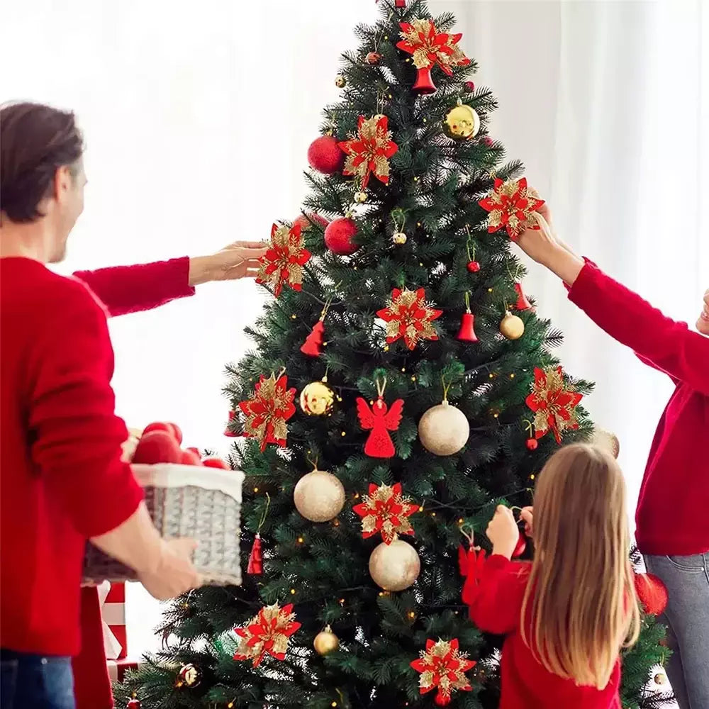 Flores artificiais com glitter para árvore de Natal, enfeites de Natal, rosa, vermelho, dourado, decoração de Natal para casa, 14,5 cm
