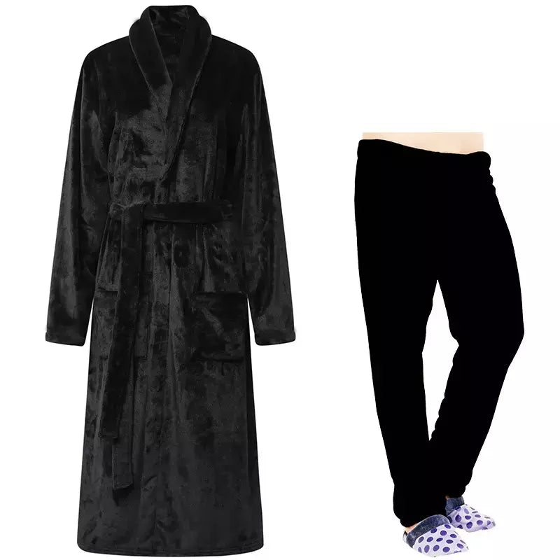 Camisola Nobre Flanela Preta, Longo Robe Termal, Conjunto de Pijamas com Calças, Roupa de Casa, Luxo, Outono, Inverno