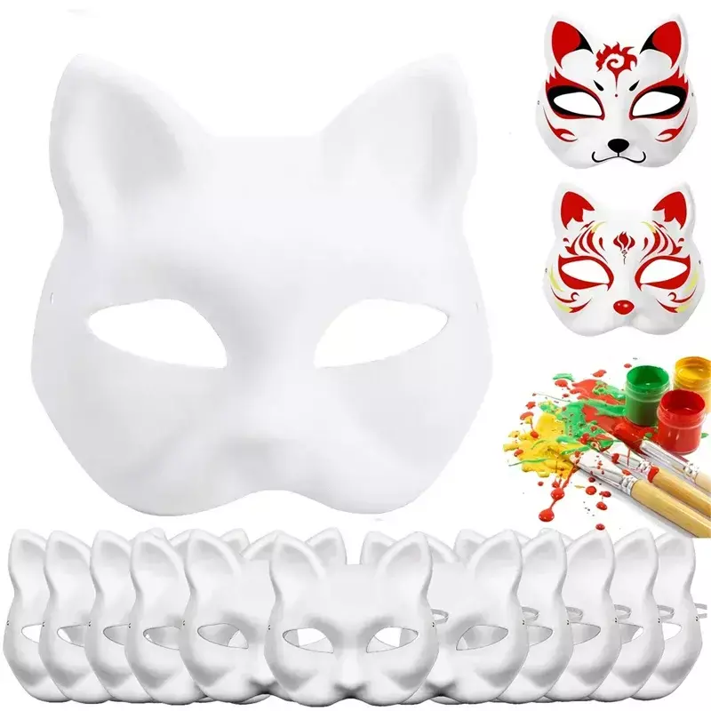 1-20 pçs máscara japonesa de papel em branco máscara halloween cosplay gato diy pintável meia máscara facial animal traje festa decoração artesanato prop