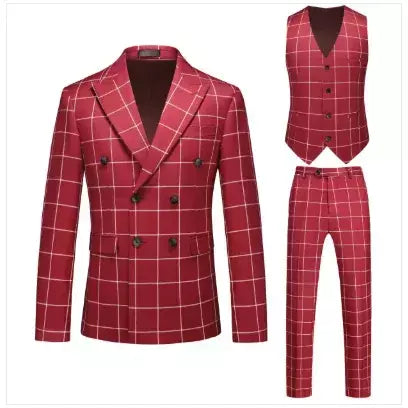 (Blazer + calça + colete) masculino luxo formal ternos de casamento moda masculina negócios social baile festa duplo breasted vestido xadrez 3 peça