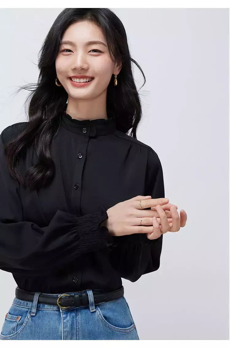 LILYMOON-Camisa de manga comprida feminina, colarinho francês, orelha de madeira, camisa casual coreana, Tops Y2K, pulôver elegante solto, batida na rua