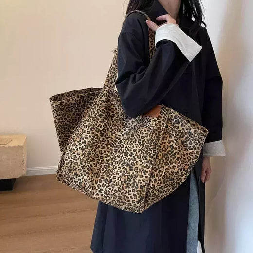 Oversized leopardo imprime sacos de ombro para mulheres lona deformável grande capacidade totes compras 2024 inverno novas bolsas luxo