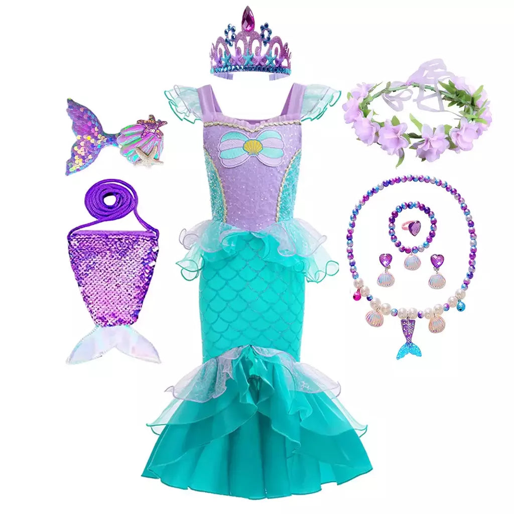 Meninas roxo-azul sereia ariel cosplay vestido de halloween vestido de festa de aniversário meninas praia vestido de férias